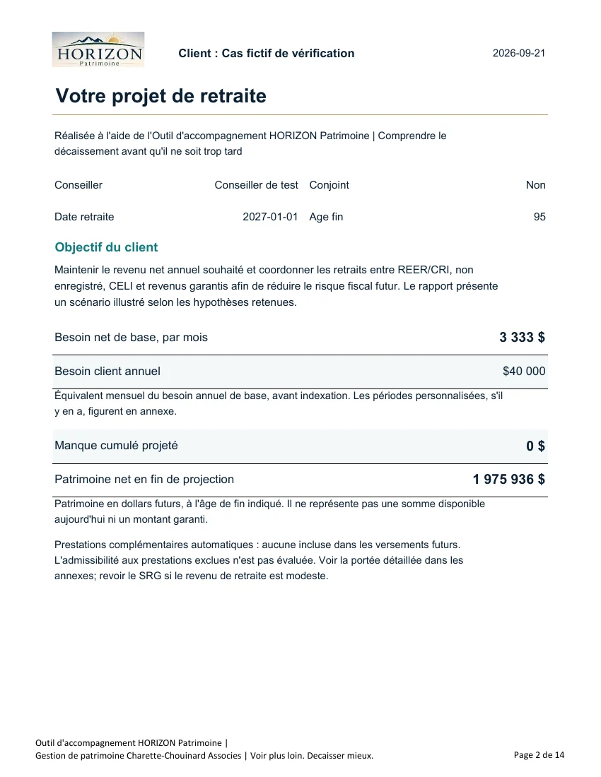 Page réelle du rapport fictif : Votre projet de retraite, besoins et synthèse des résultats.